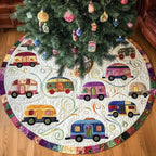 Campers on White with Patchwork Rim Christmas Tree Skirt