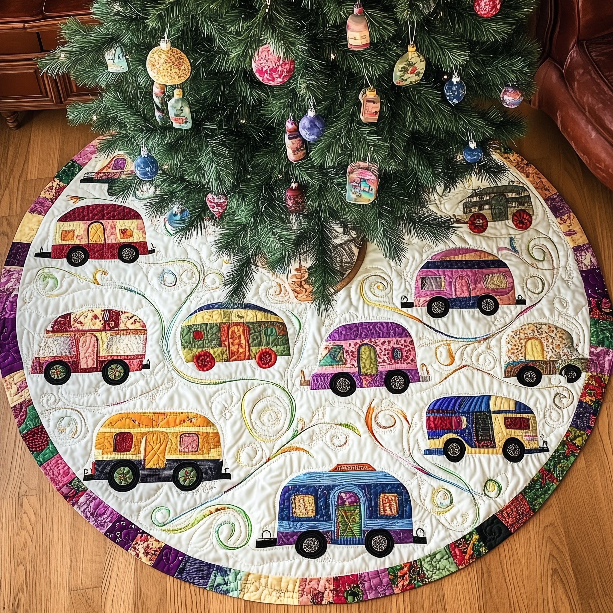 Campers on White with Patchwork Rim Christmas Tree Skirt