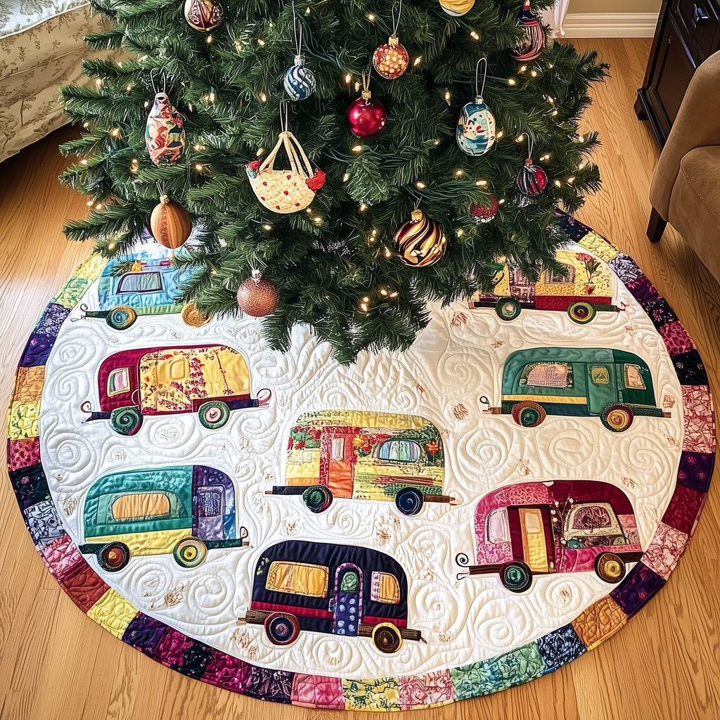 Retro Campers with Rainbow Patch Trim Christmas Tree Skirt