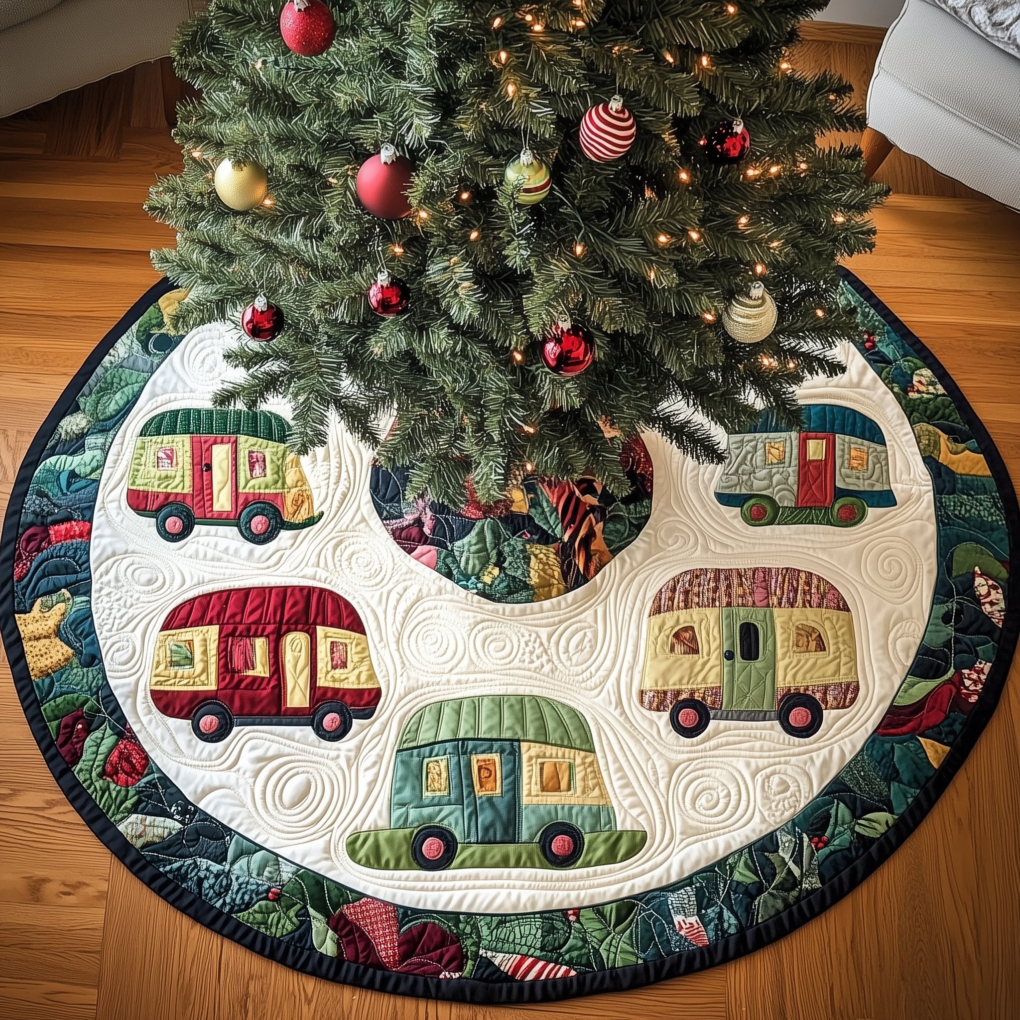 Retro Campers with Red Trim Christmas Tree Skirt