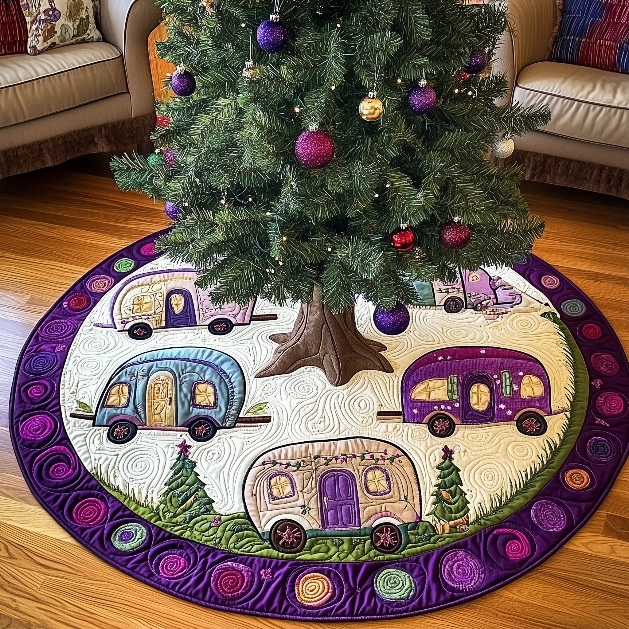 Campers Among Trees on Purple Rim Christmas Tree Skirt