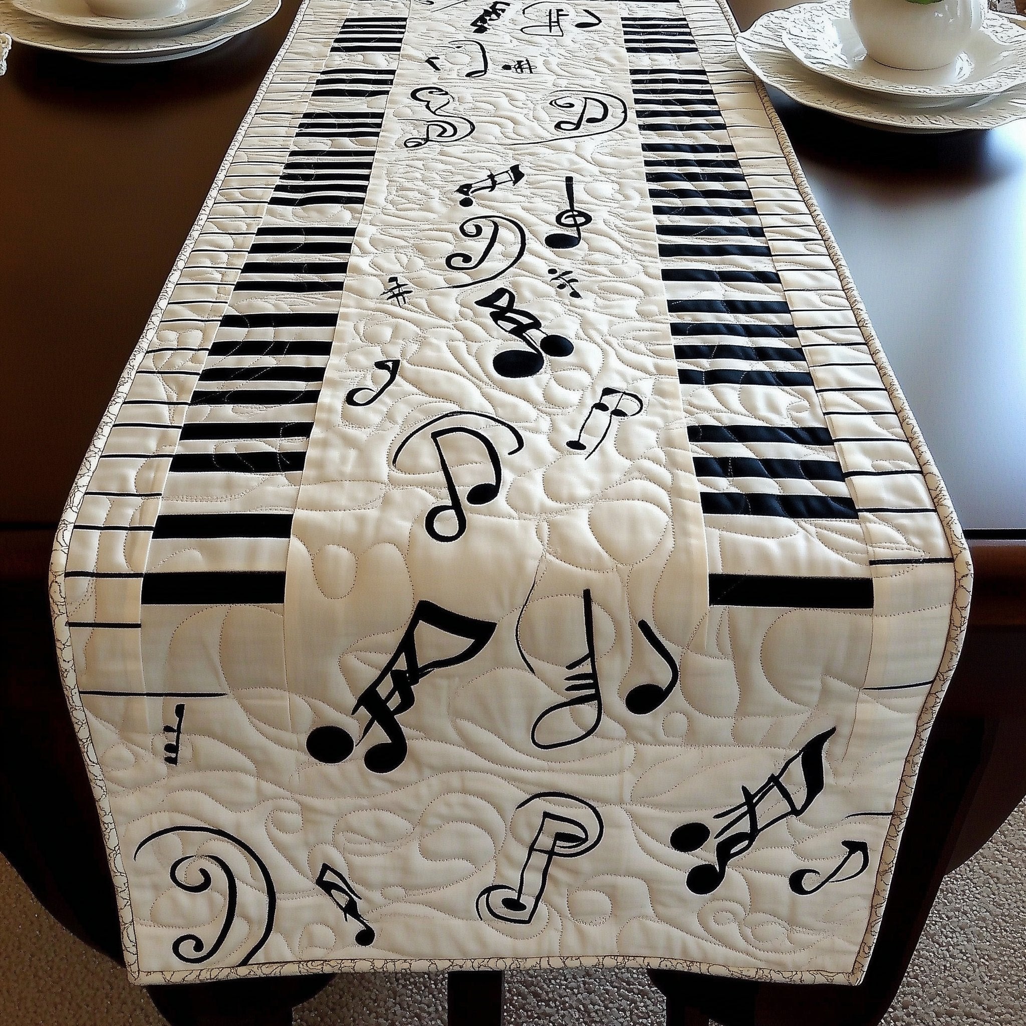 Black Music Notes and Piano Keys Table Runner