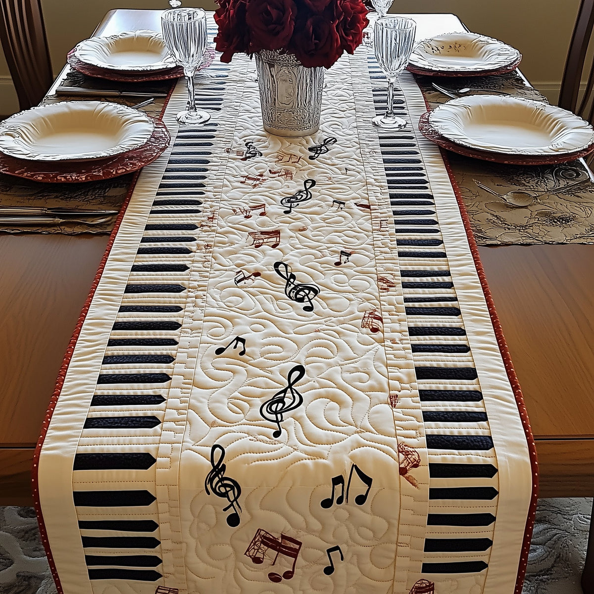 Colorful Music Notes Between Keyboard Borders Table Runner