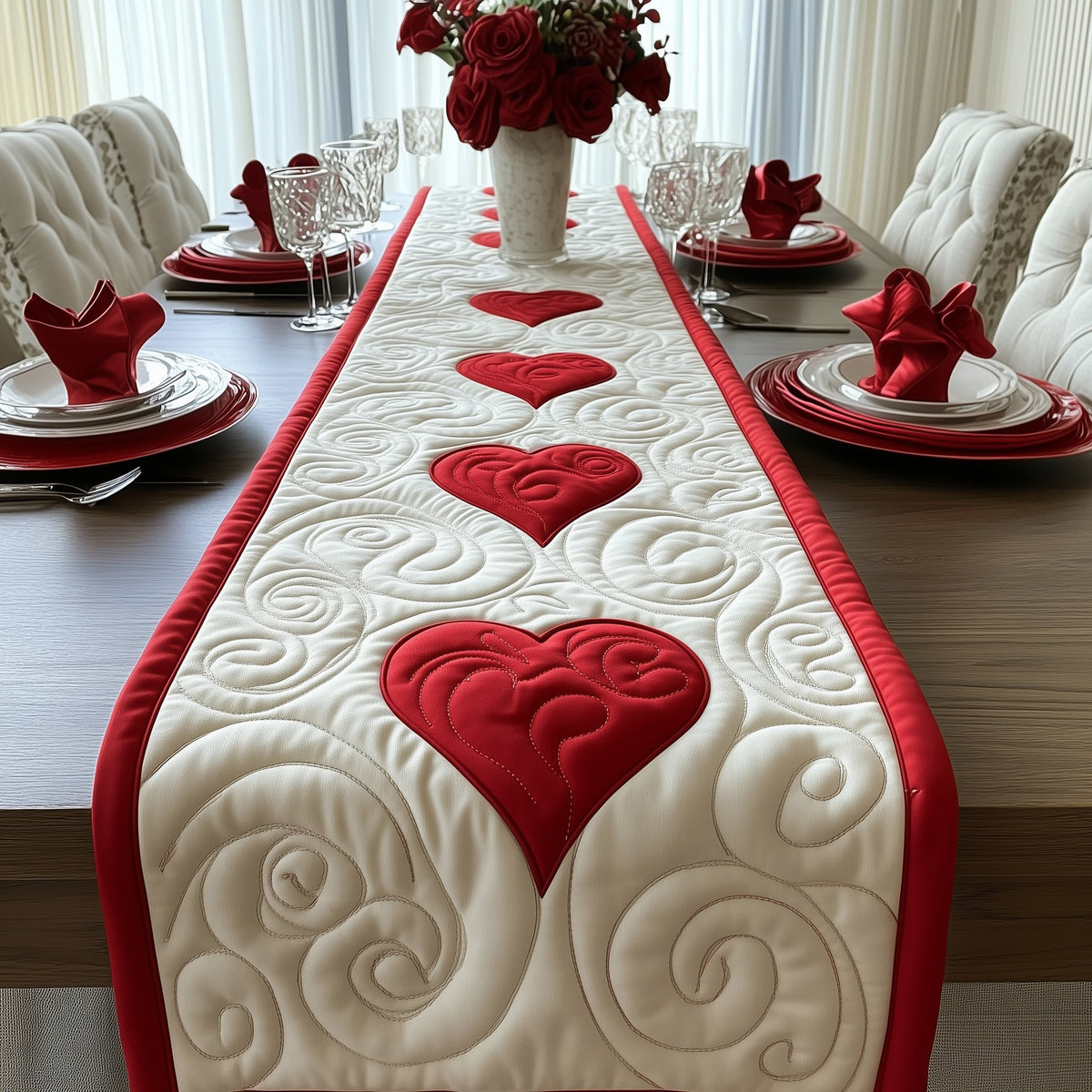Red Hearts on Ivory Swirl Quilting Table Runner