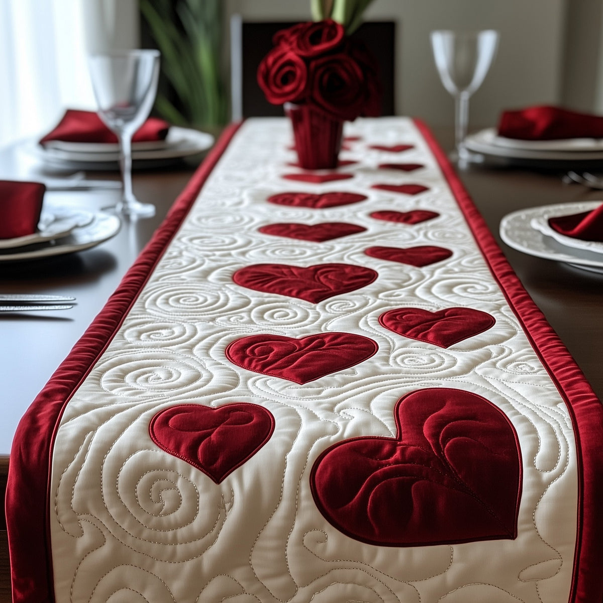 Scattered Red and Burgundy Hearts Table Runner
