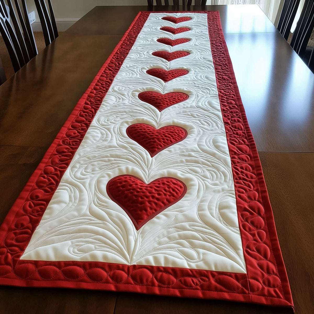 Trio of Red Hearts with Crimson Trim Table Runner