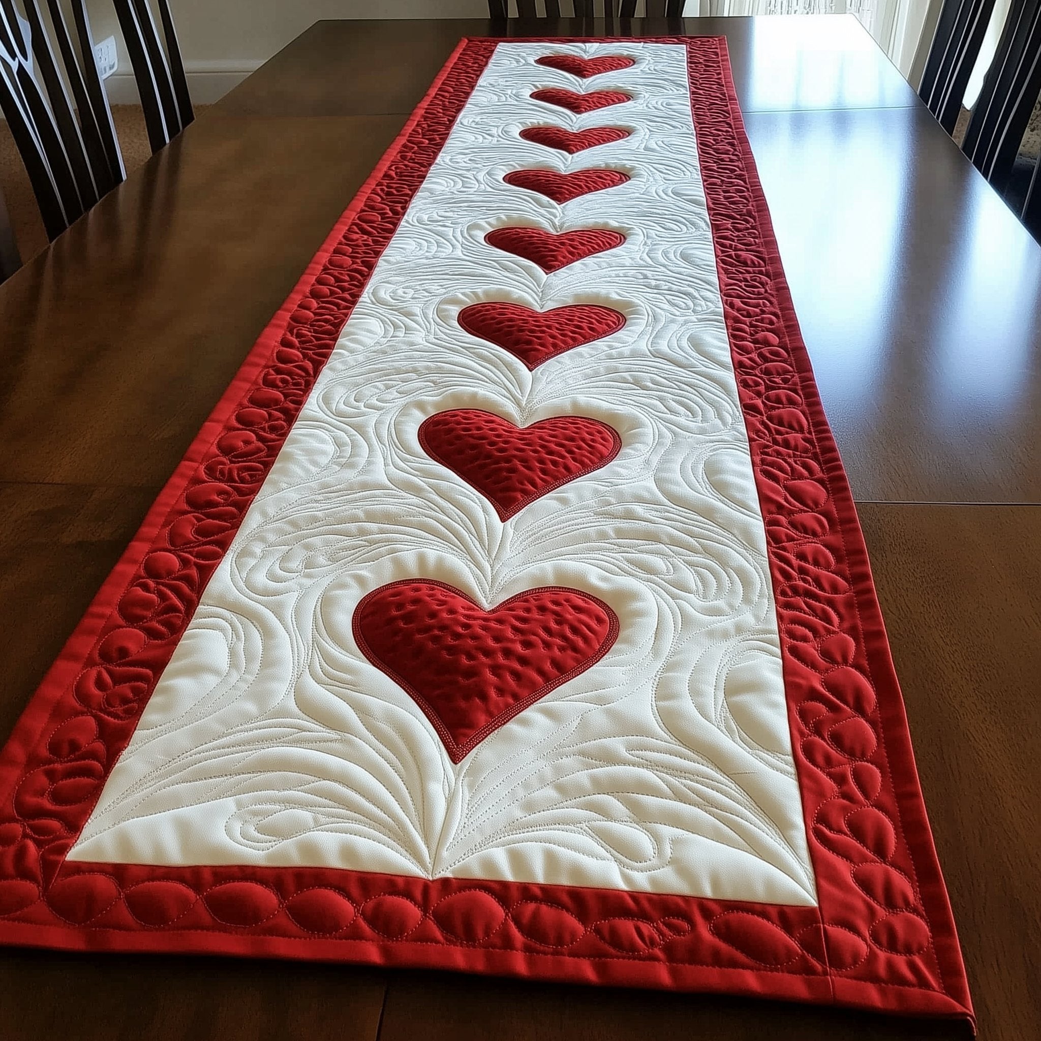 Trio of Red Hearts with Crimson Trim Table Runner