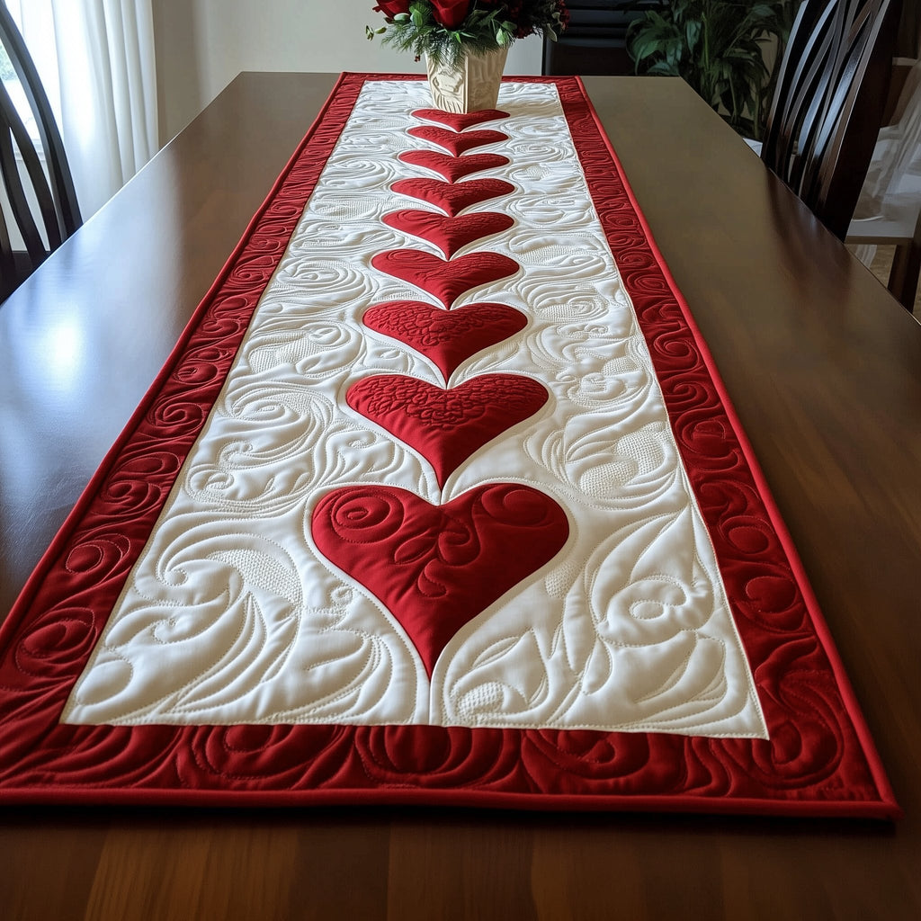 Column of Hearts on Deep Red Border Table Runner
