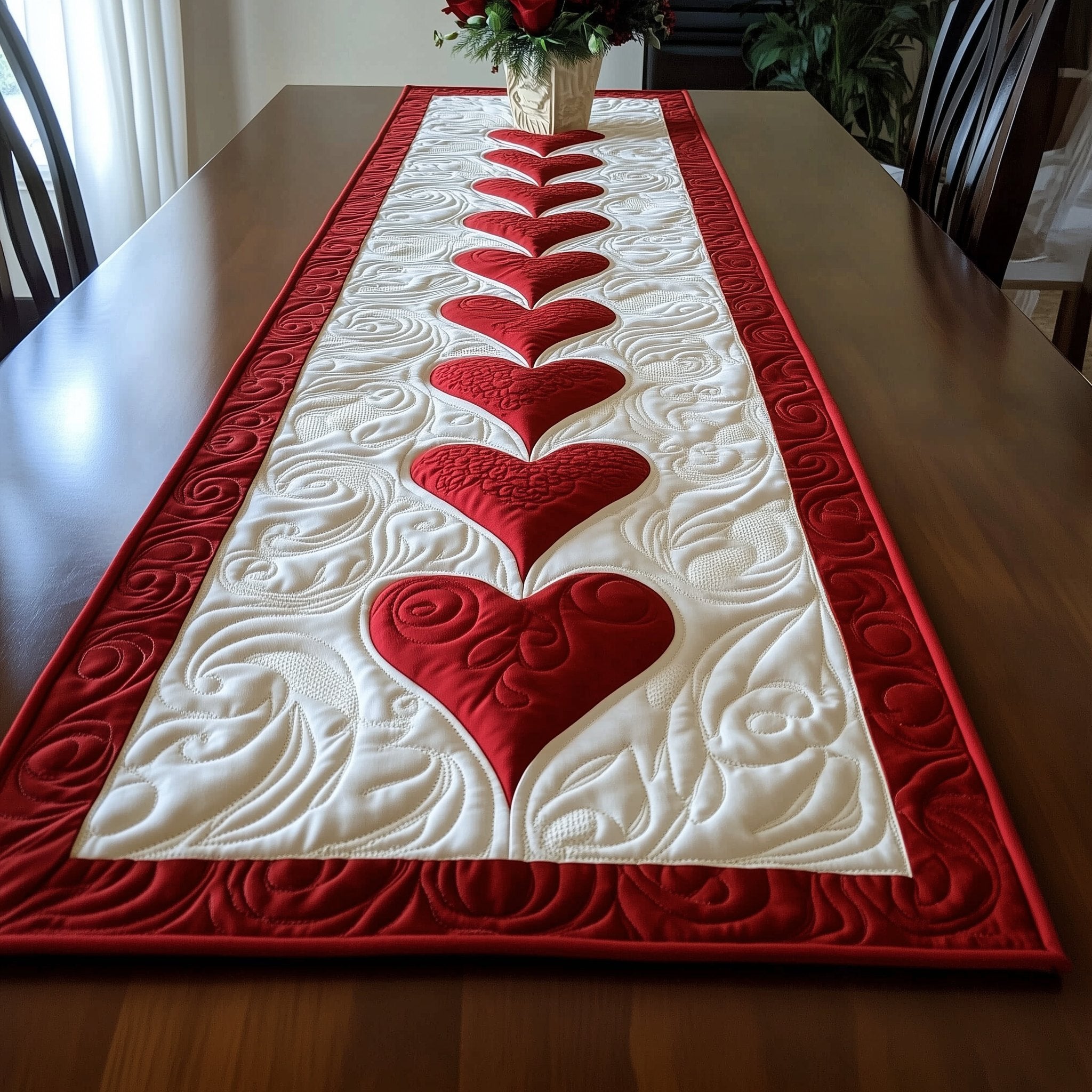 Column of Hearts on Deep Red Border Table Runner