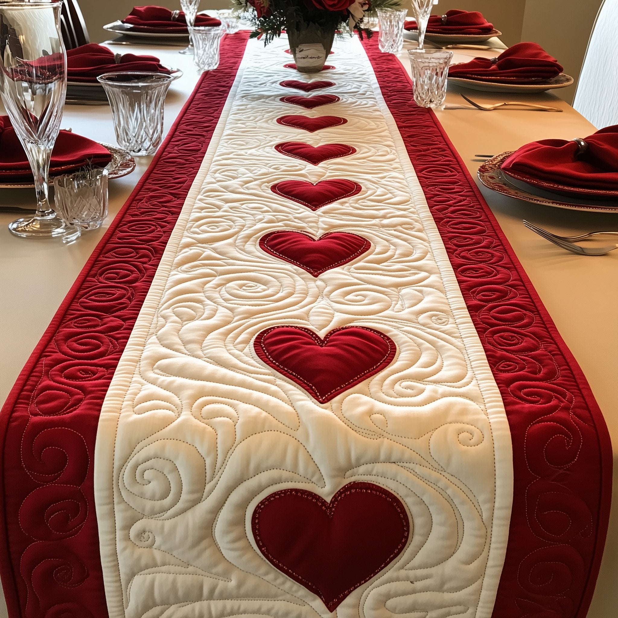 Three Hearts Descending on Cream Table Runner