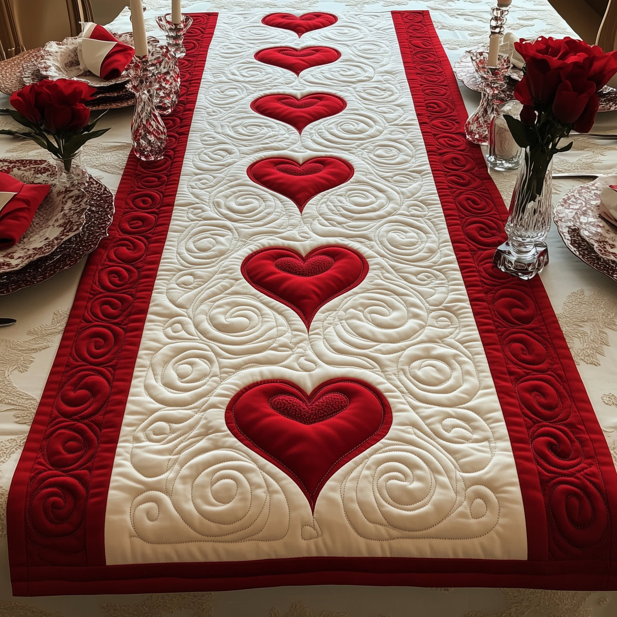 Chain of Red Hearts on Ivory Table Runner