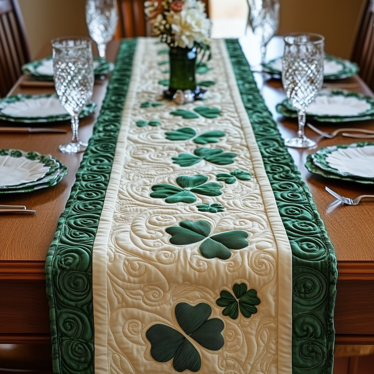 Green Shamrocks on Cream with Emerald Border Table Runner
