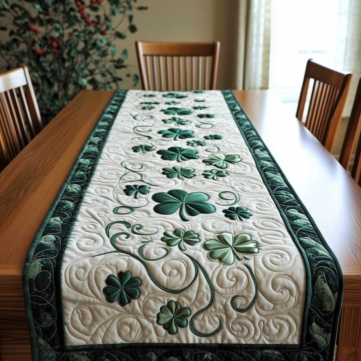 Shamrock Vines Scattered on Ivory Table Runner
