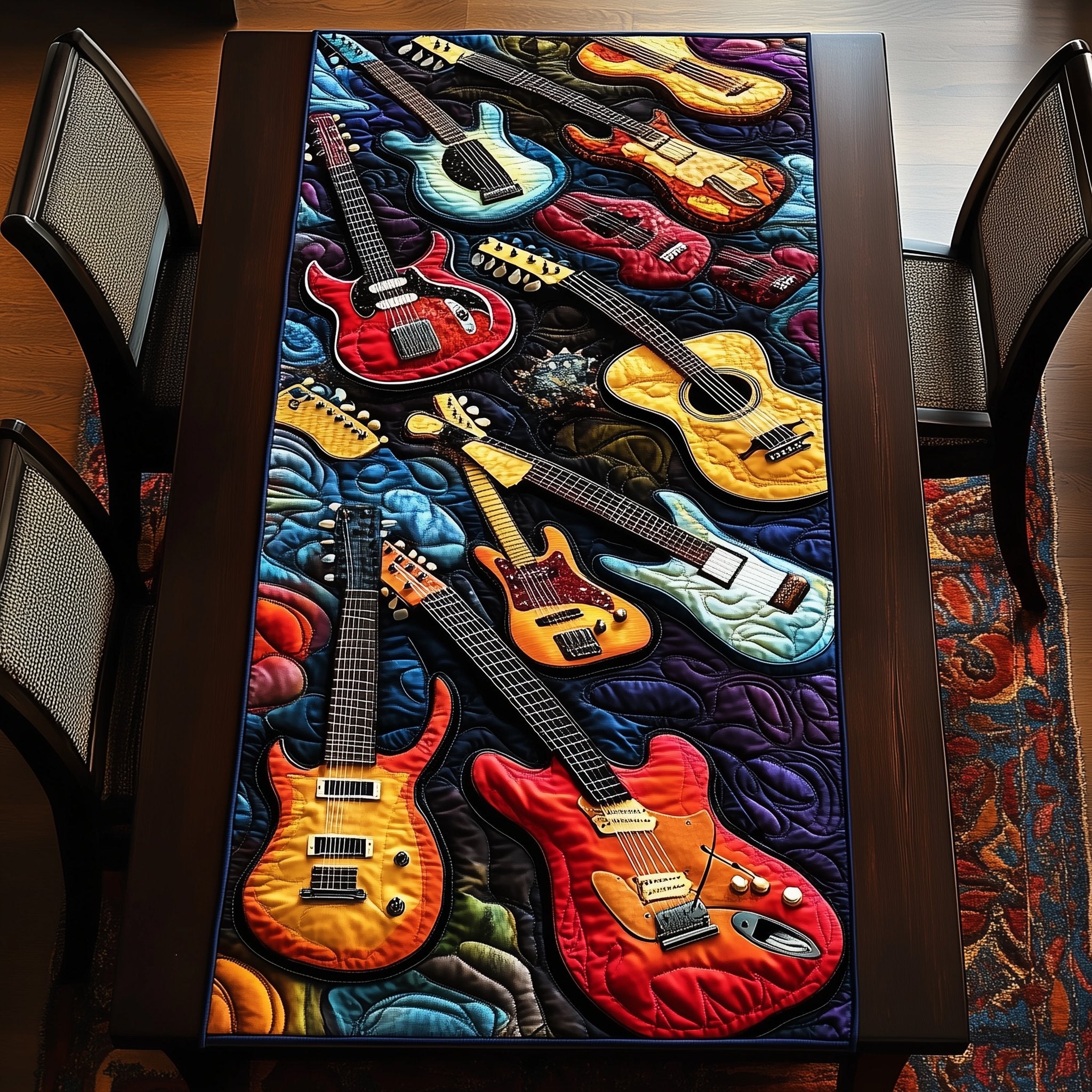 Electric Guitar Collection on Midnight Swirls Table Runner
