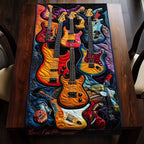 Fiery Electric Guitars on Blue Waves Table Runner