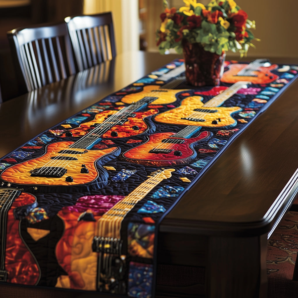 Blazing Guitars on Starry Blue Table Runner