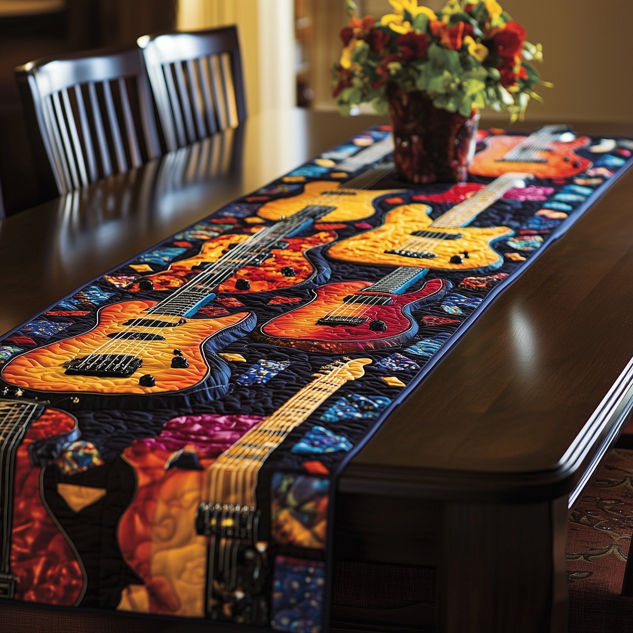 Blazing Guitars on Starry Blue Table Runner