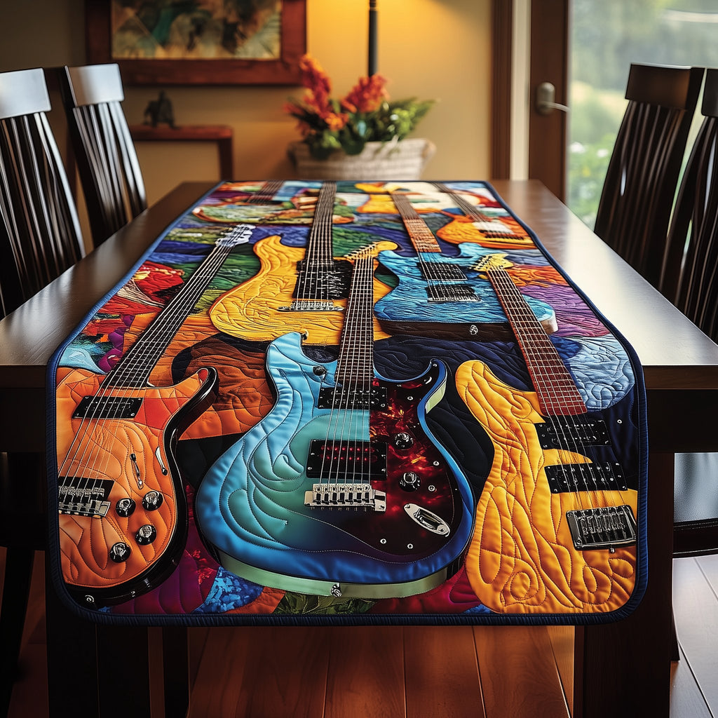 Teal and Amber Guitars on Purple Table Runner