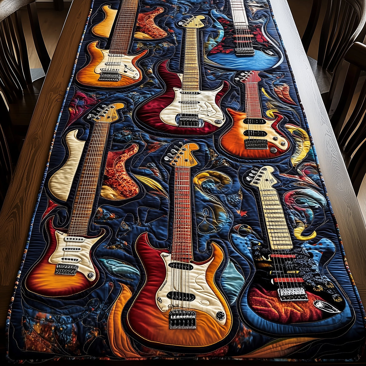 Sunburst and White Guitars on Swirls Table Runner
