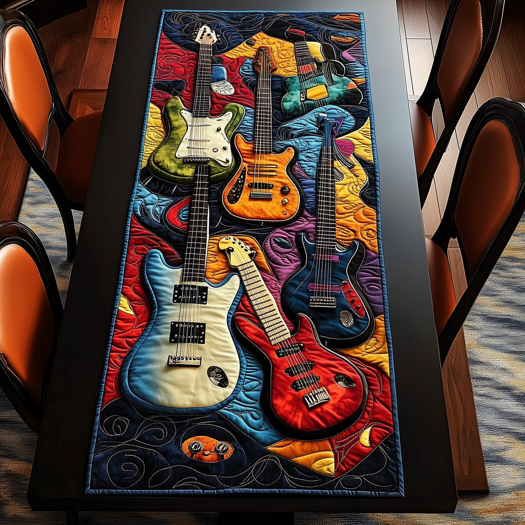 White Red and Orange Guitars on Navy Table Runner