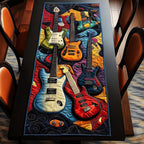 White Red and Orange Guitars on Navy Table Runner