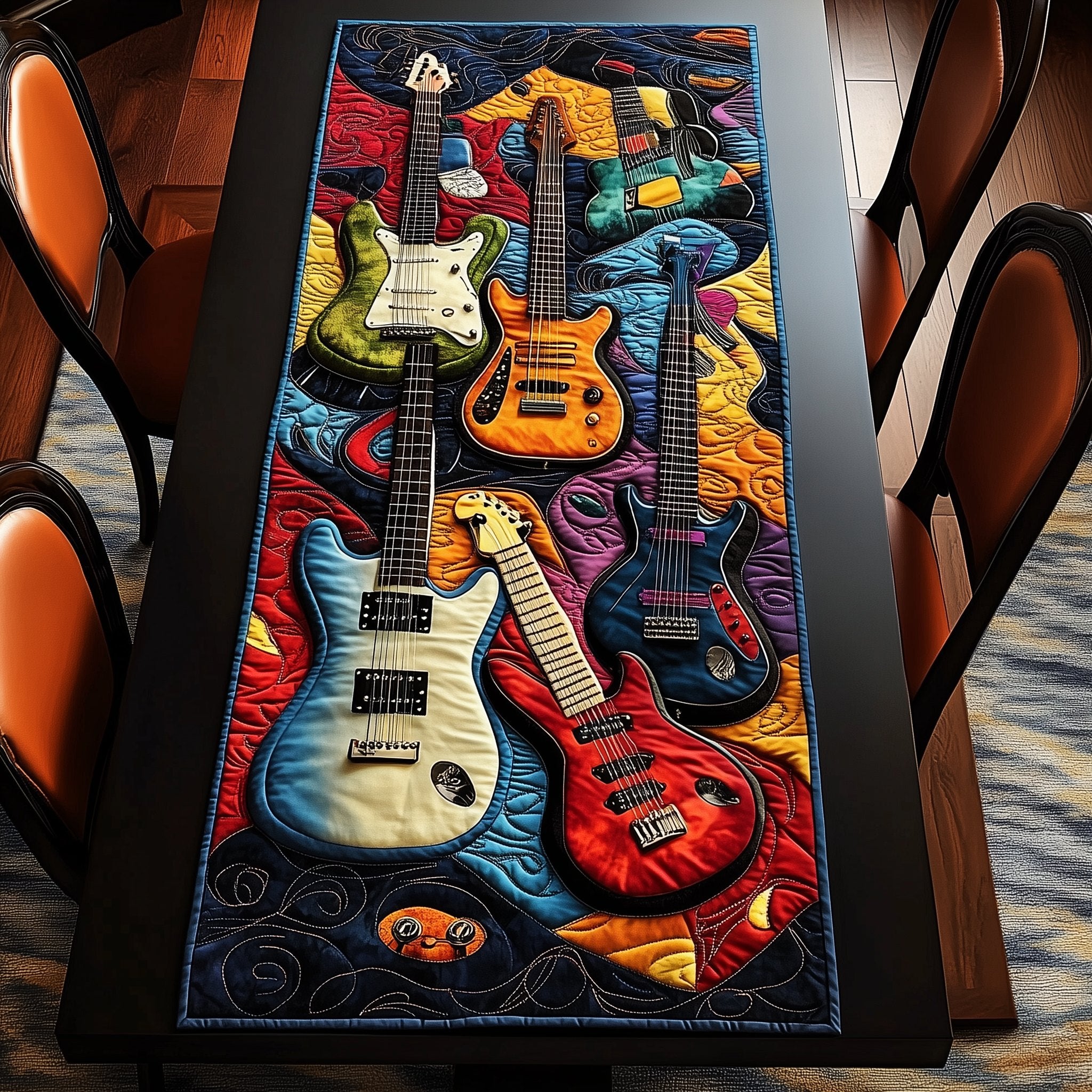 White Red and Orange Guitars on Navy Table Runner