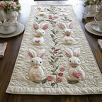 White Bunnies on Cream with Flowers Table Runner