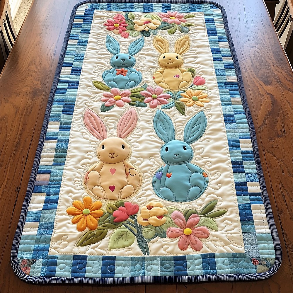Pink and Blue Bunnies with Checked Border Table Runner