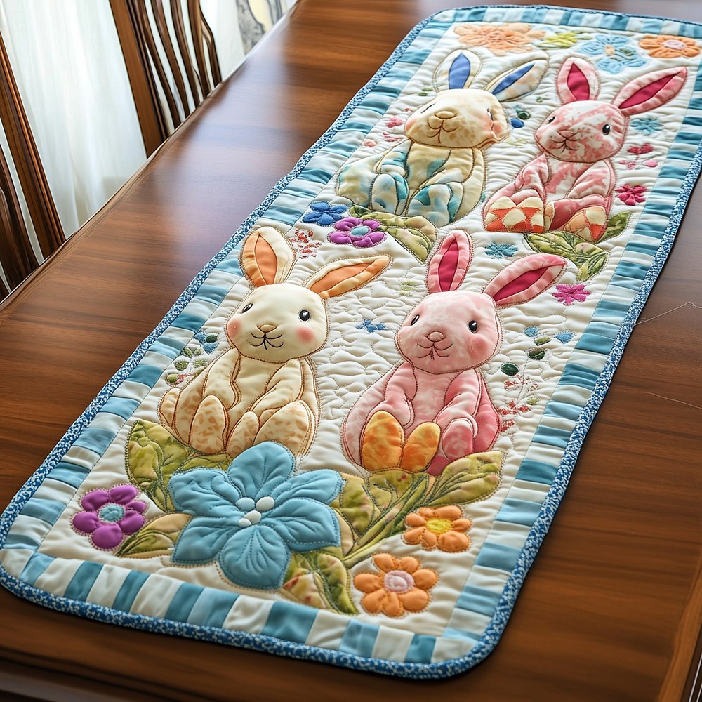 Cream and Pink Bunnies with Blue Flowers Table Runner