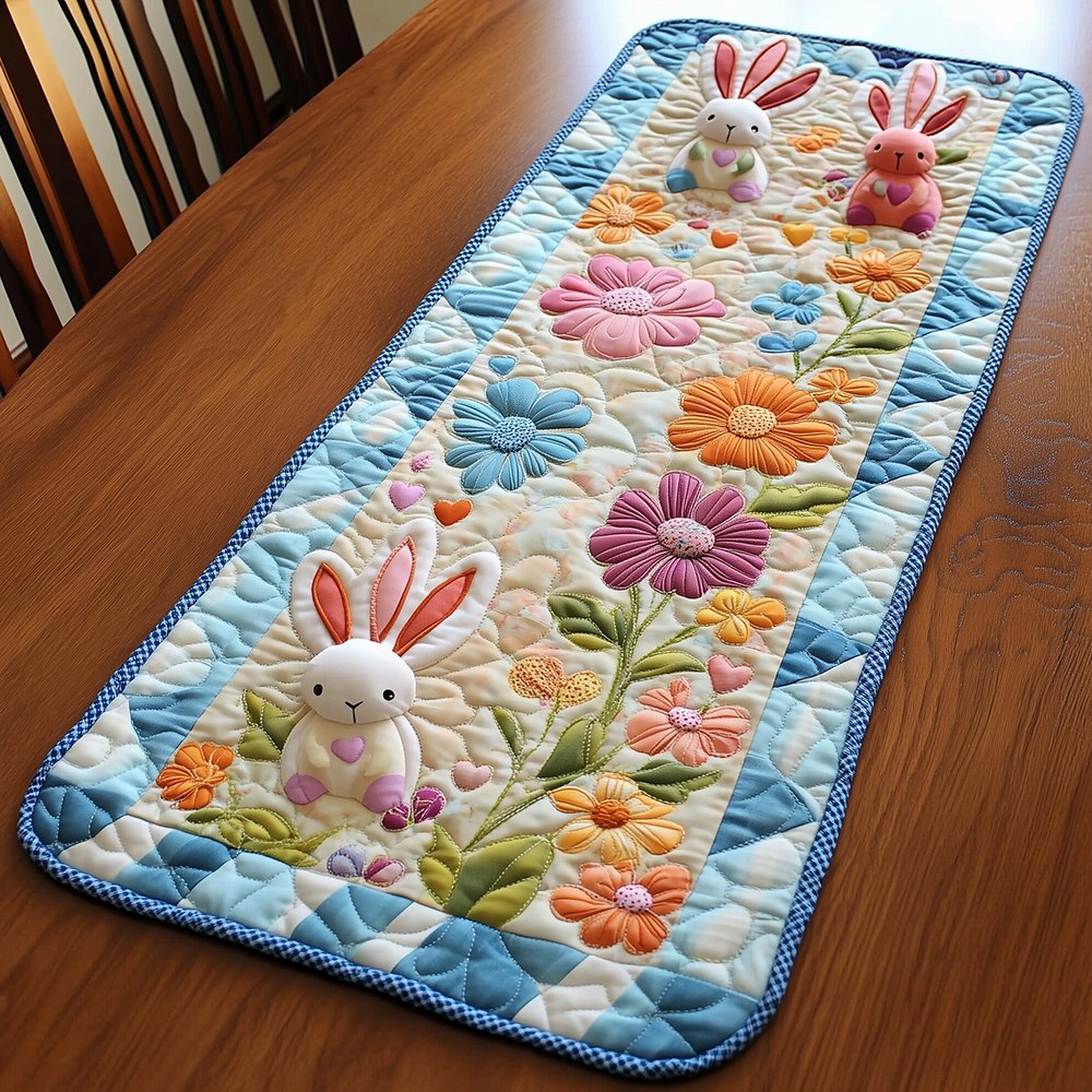 Little Bunny with Flowers on Blue Table Runner