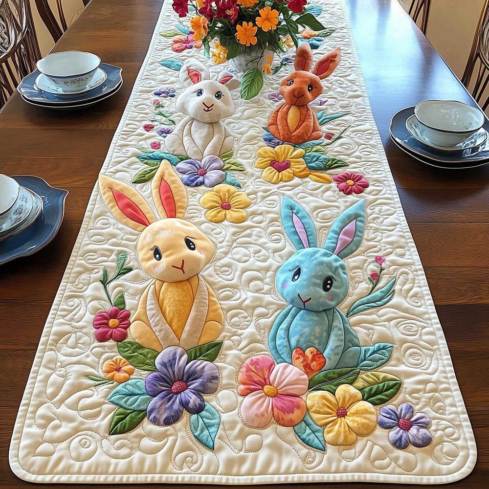 Yellow and Blue Bunnies on Cream Table Runner