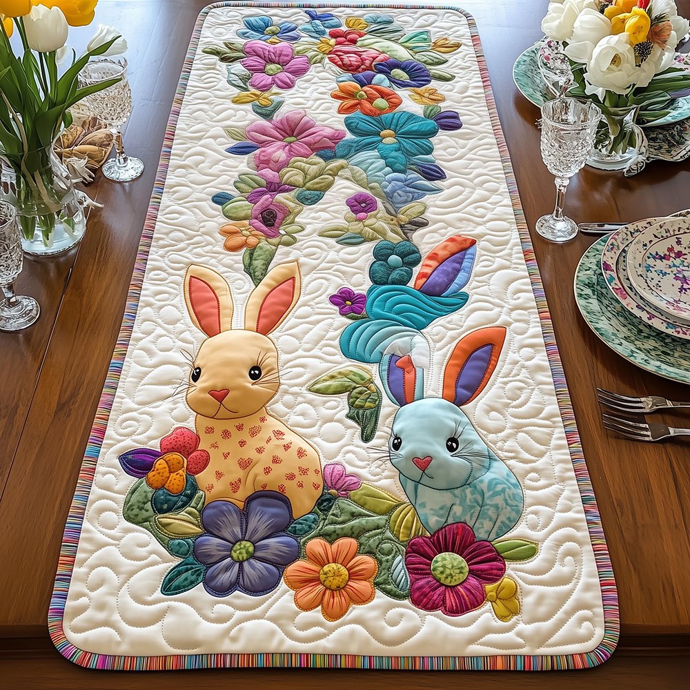 Spotted Bunnies with Bright Flowers Table Runner