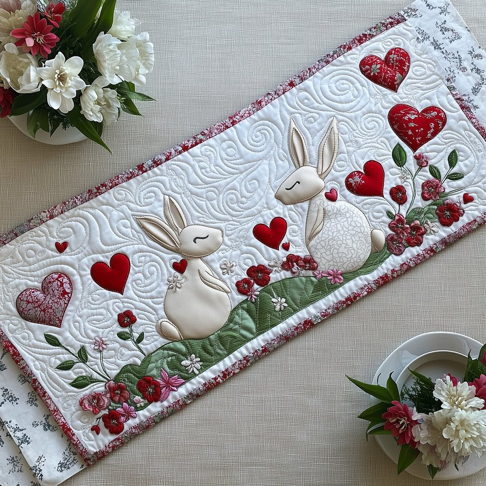 Bunnies and Red Hearts on Pink Trim Table Runner
