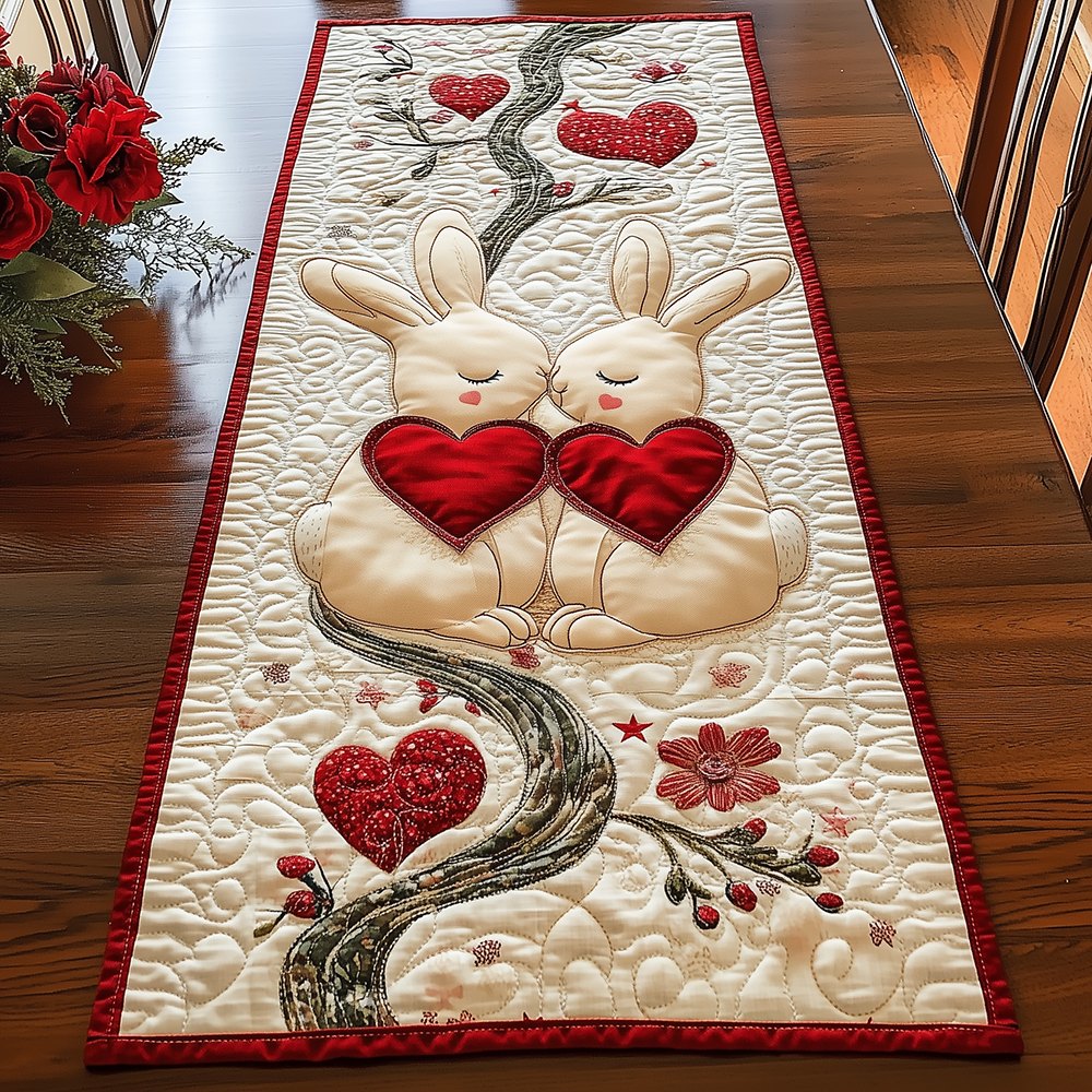 Cuddling Bunnies with Two Red Hearts Table Runner