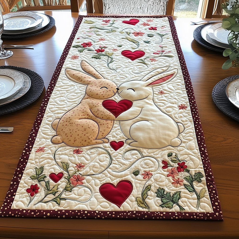 Bunny Couple Sharing a Red Heart Table Runner