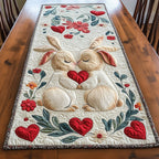 White Bunnies with Hearts and Sage Leaves Table Runner