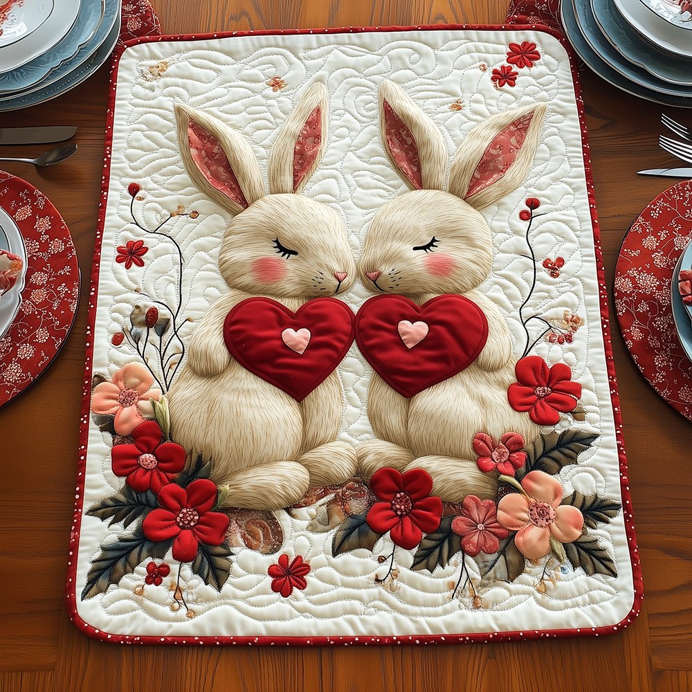 Sleepy Bunnies with Hearts and Red Flowers Table Runner
