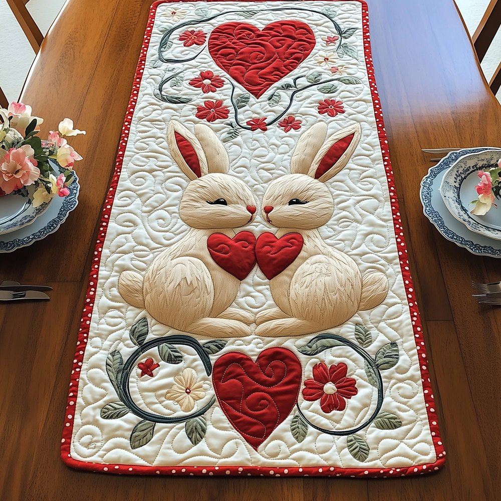 Bunnies Above a Heart Wreath Table Runner