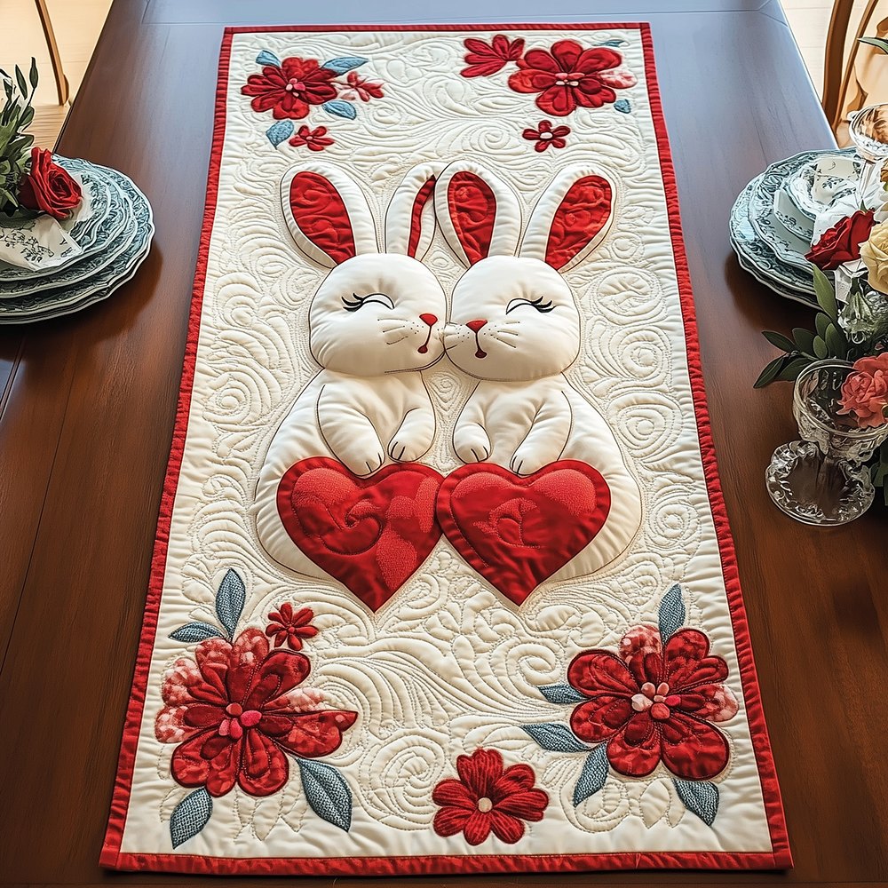 Bunny Duo with Red Blossoms Table Runner