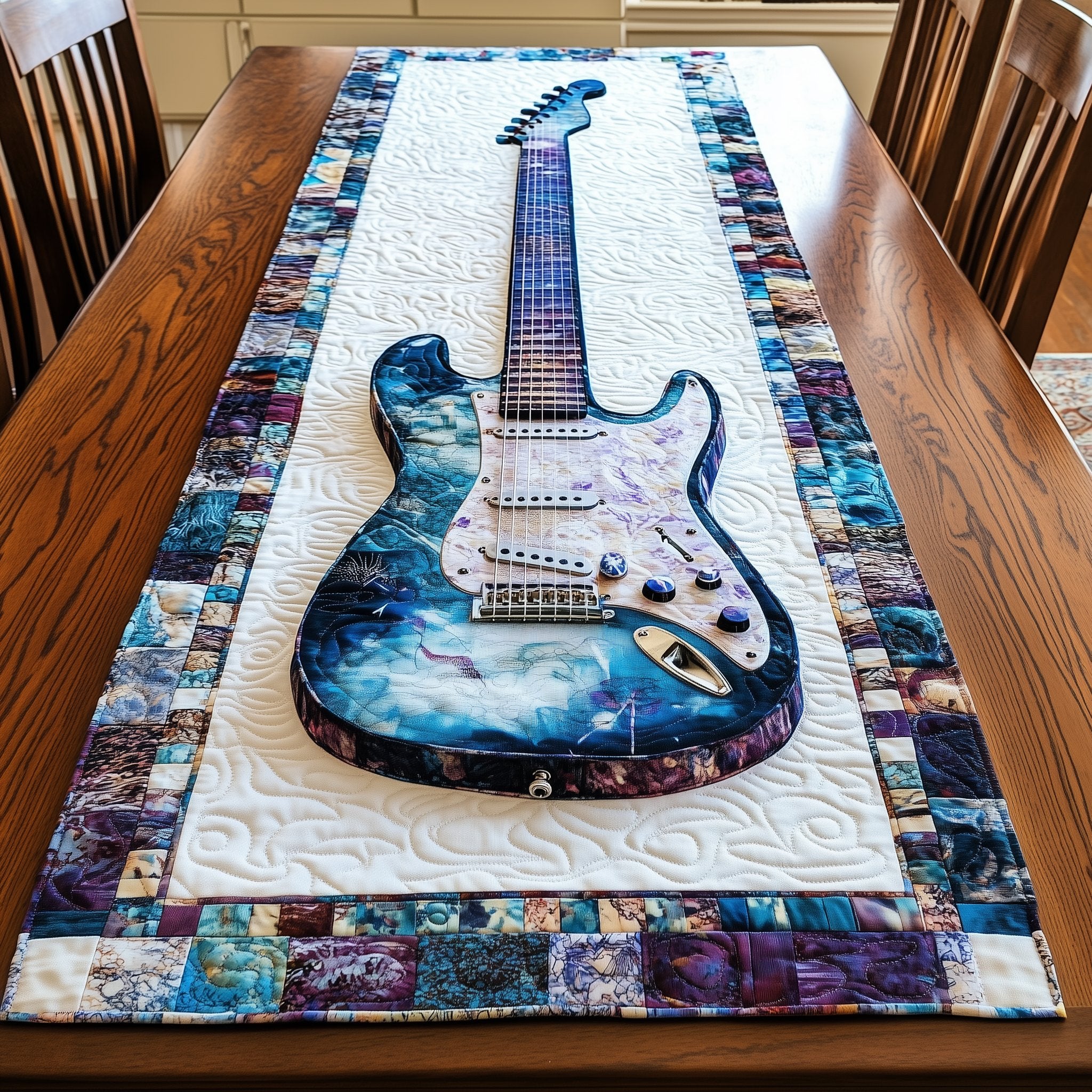 Icy Blue Guitar with Patchwork Border Table Runner