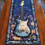 White Guitar on Purple Floral Panel Table Runner