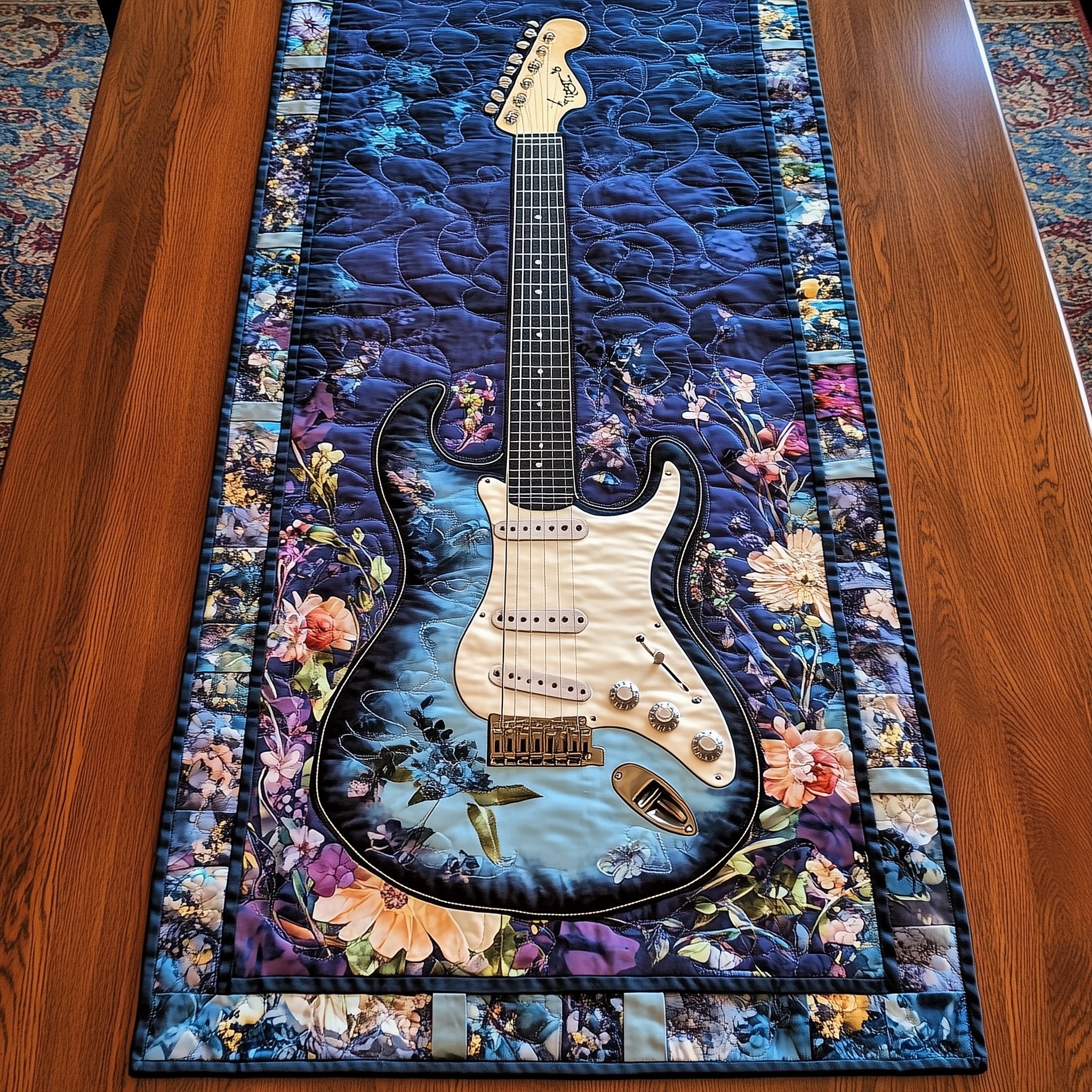 White Guitar on Purple Floral Panel Table Runner