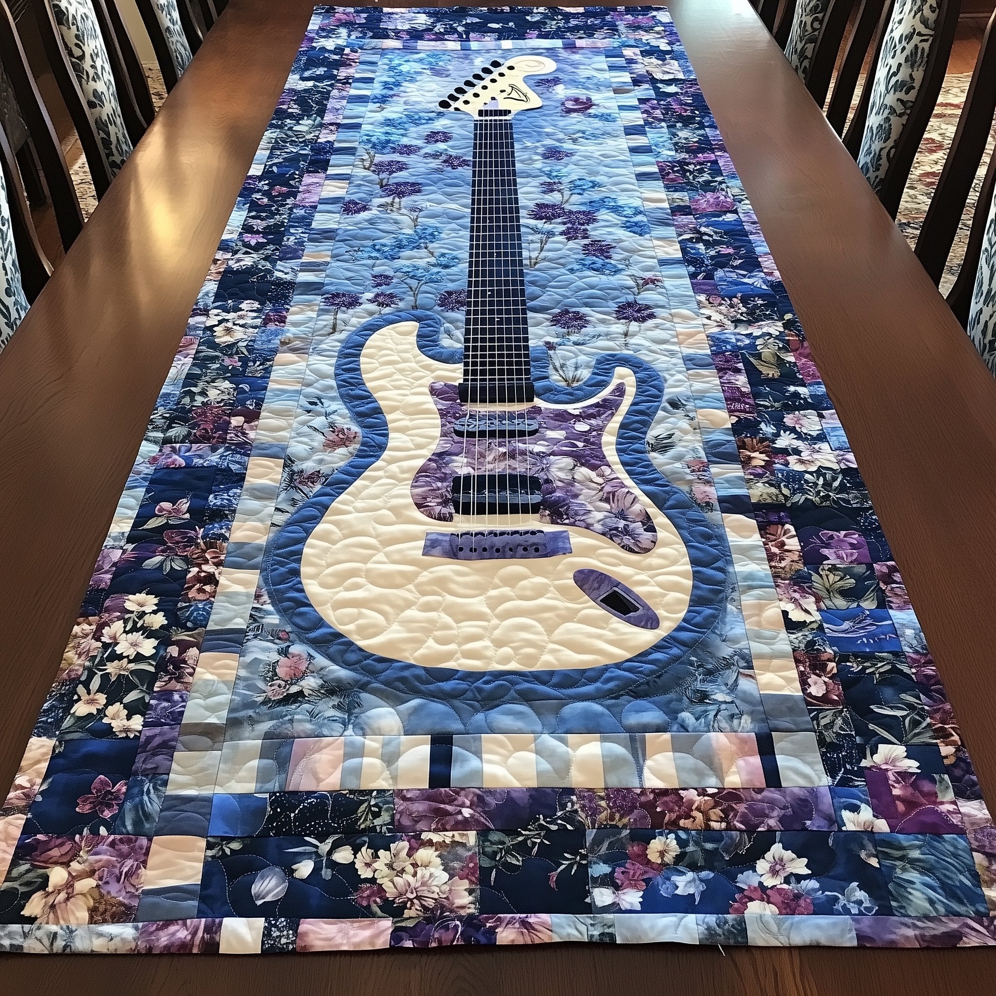 Denim Guitar on Blue Patchwork Table Runner