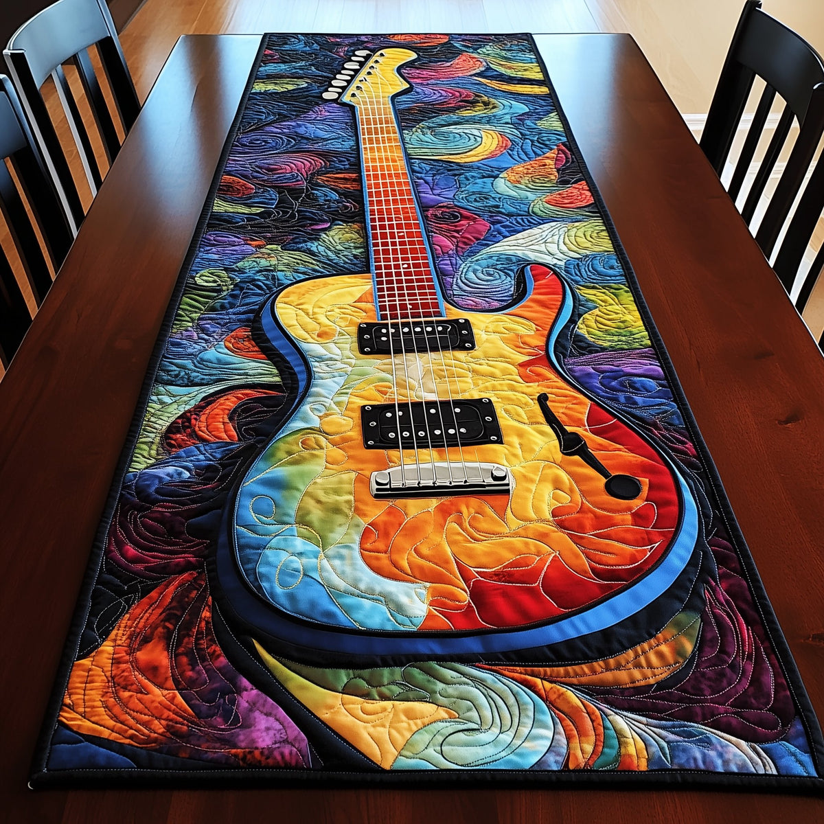 Vivid Guitar on Swirling Rainbow Table Runner