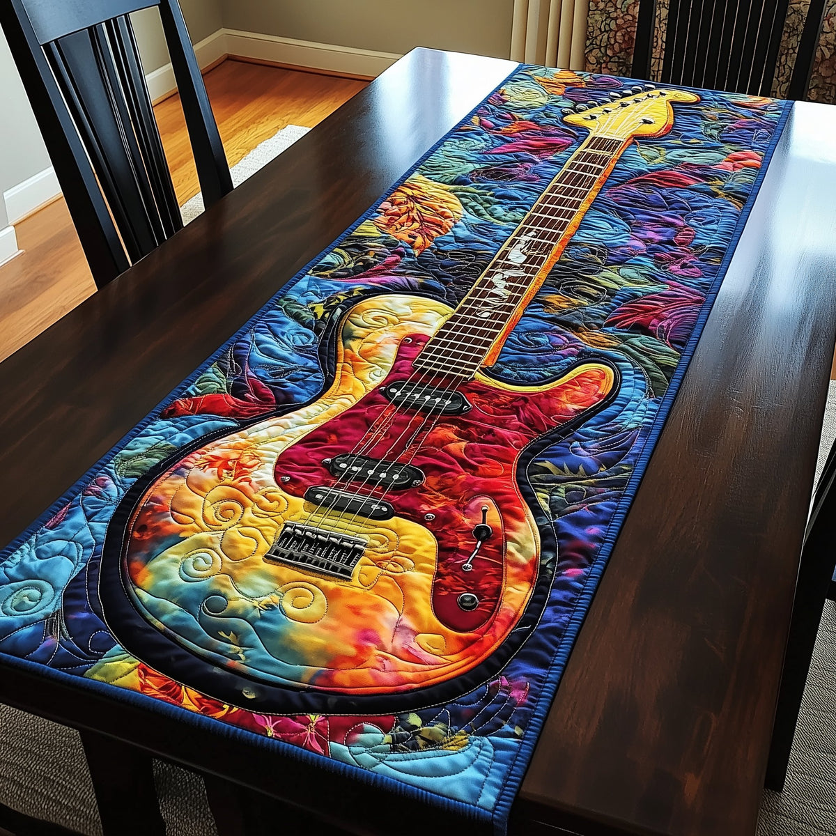 Sunset Bass Guitar on Blue Swirls Table Runner