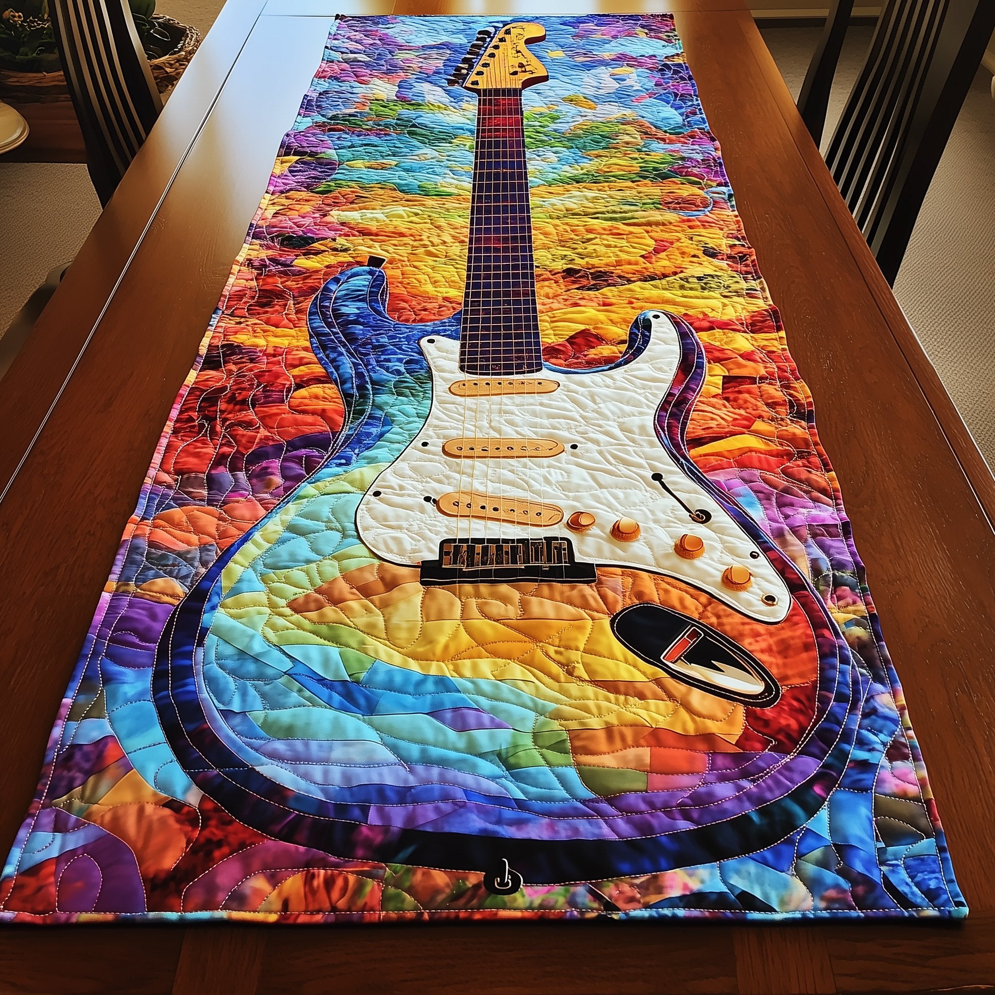 White Guitar on Tie Dye Rainbow Table Runner