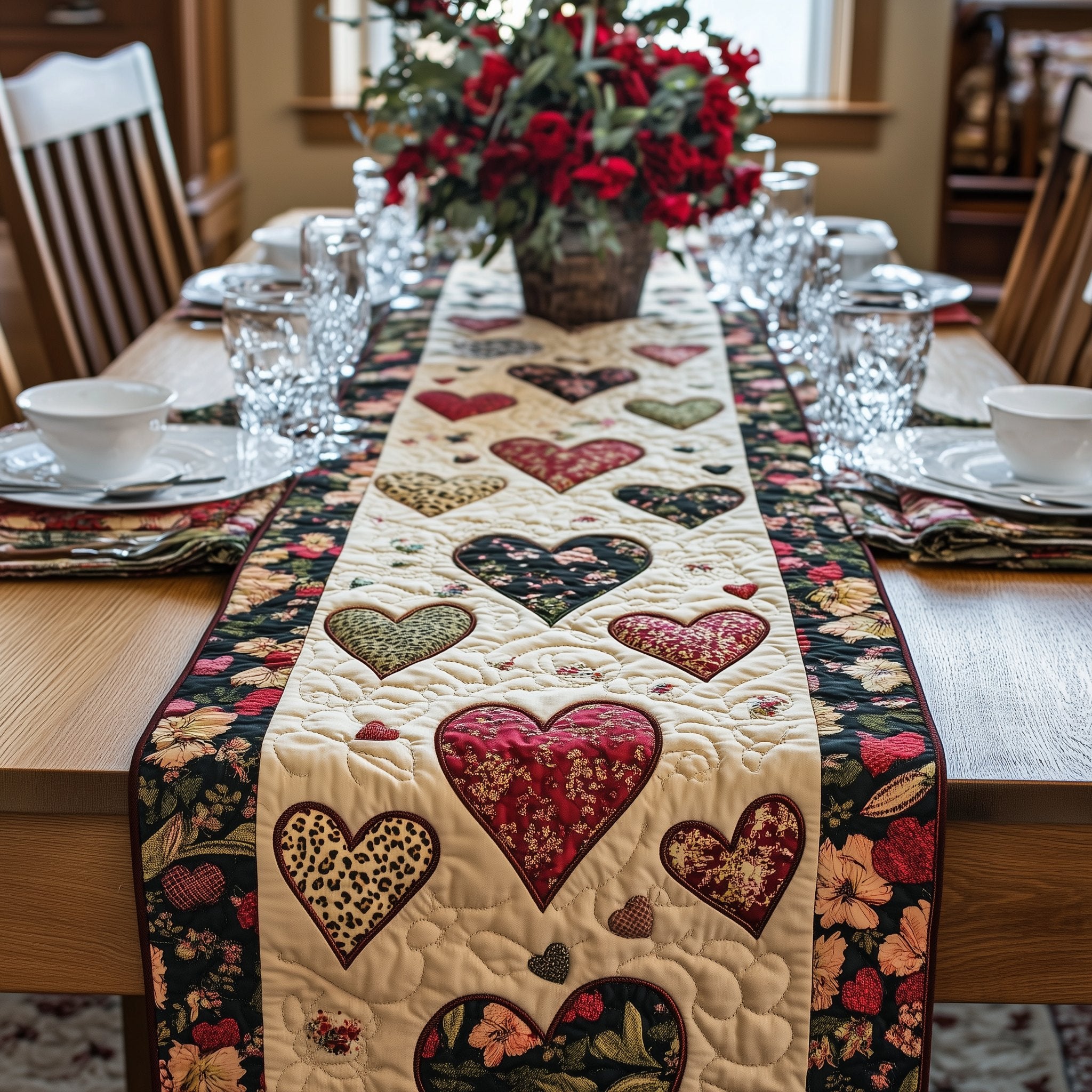 Animal Print Hearts with Floral Border Table Runner