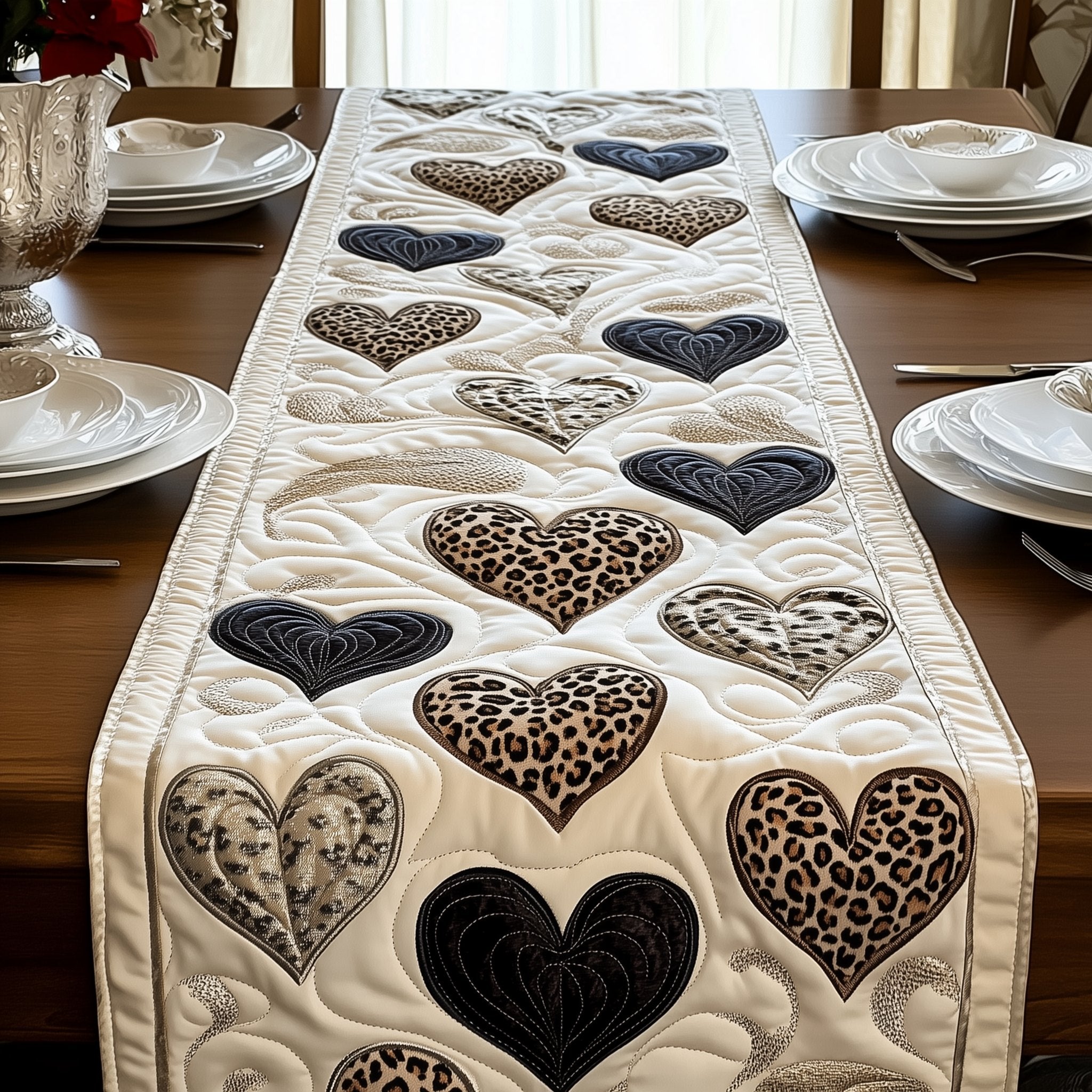 Cheetah Hearts with Golden Trim Table Runner