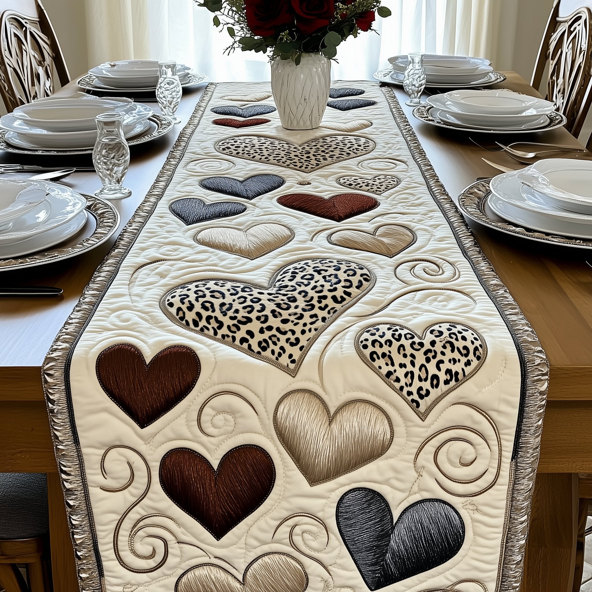 Brown and Spotted Hearts on Cream Table Runner