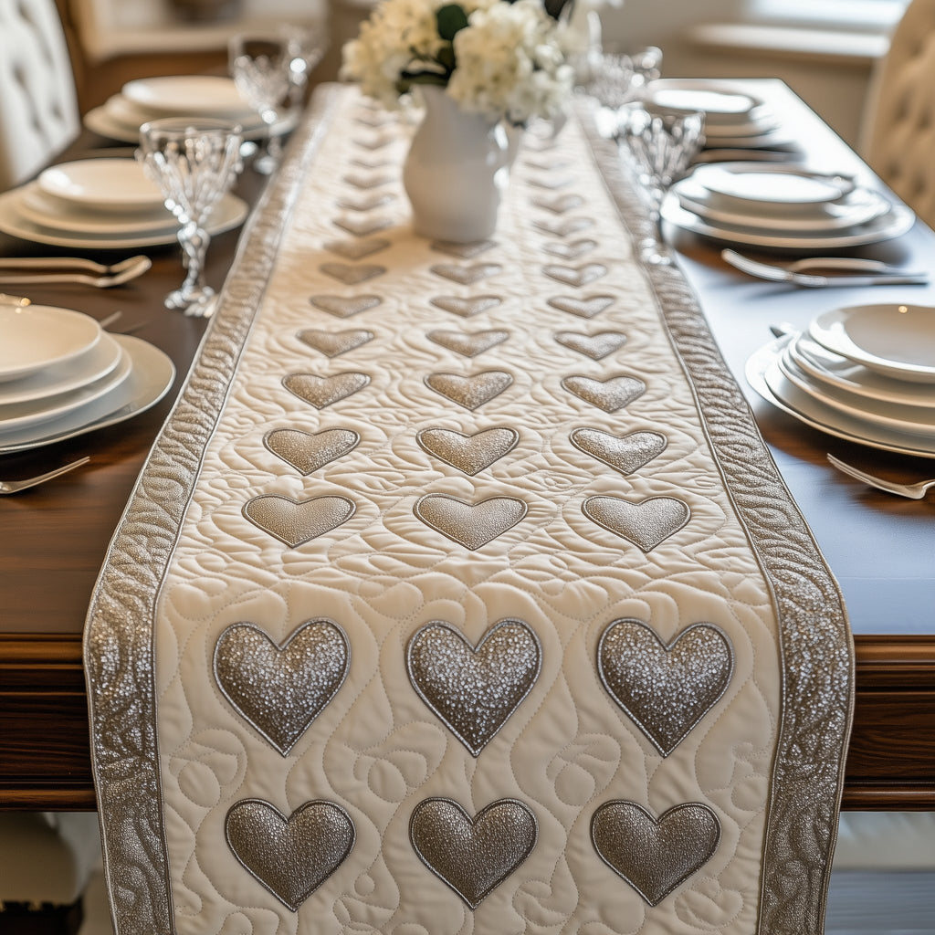 Soft Grey Quilted Hearts Table Runner